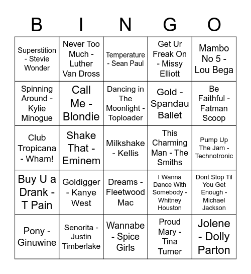 Clare's 30th Birthday Music Bingo Card