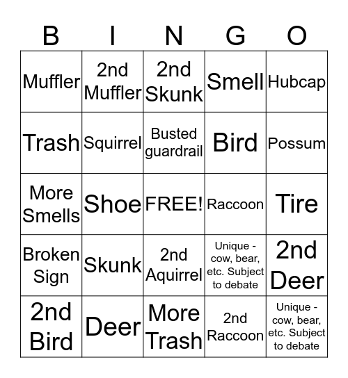 Roadkill Bingo Card