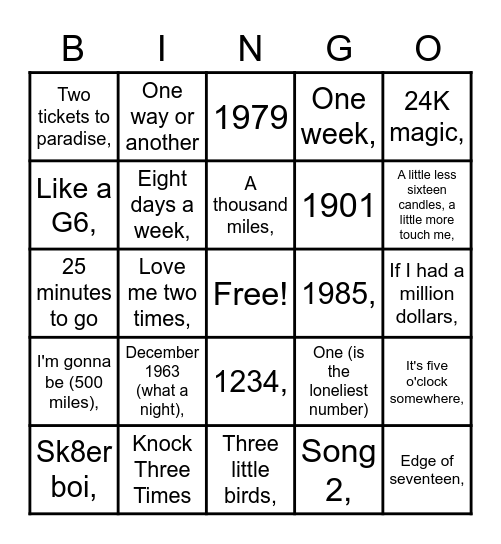 Rock 'n Roll Bingo - NUMBER Songs Bingo Card