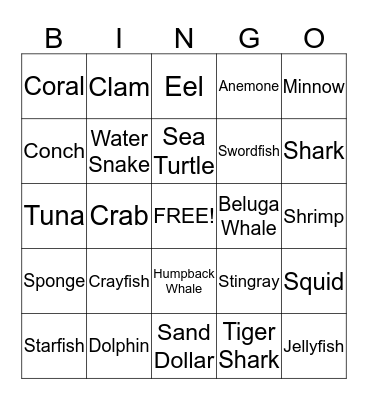 Ocean Animal Bingo Card