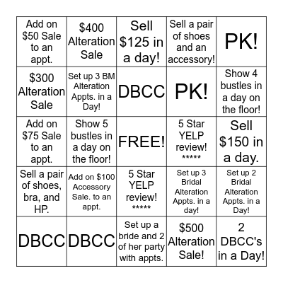 David's Bridal Alterations Bingo! Bingo Card