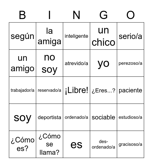 Spanish Adjectives Bingo Card