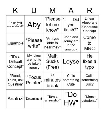 Kumar Bingo Card