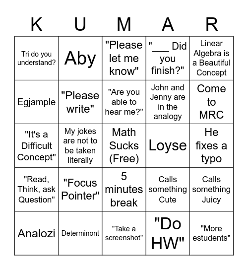 Kumar Bingo Card