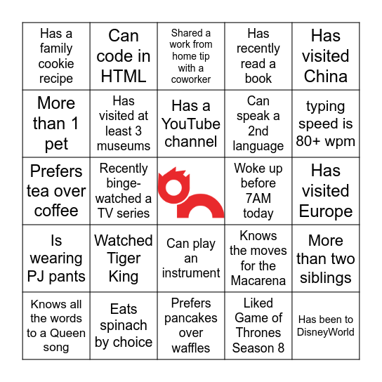 Online Team Building Bingo Card