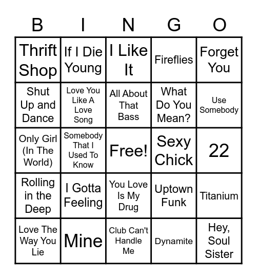 Rock 'n Roll - 2010's Hits Bingo Card