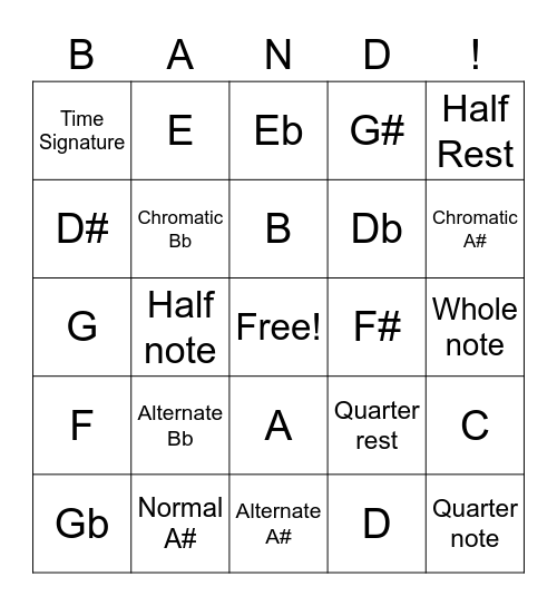 Flute Chromatic Level 1 Bingo Card