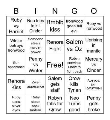 Rwby Vol 8 Bingo Card