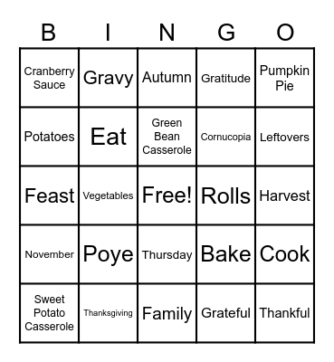Poye Thanksgiving Bingo! Bingo Card