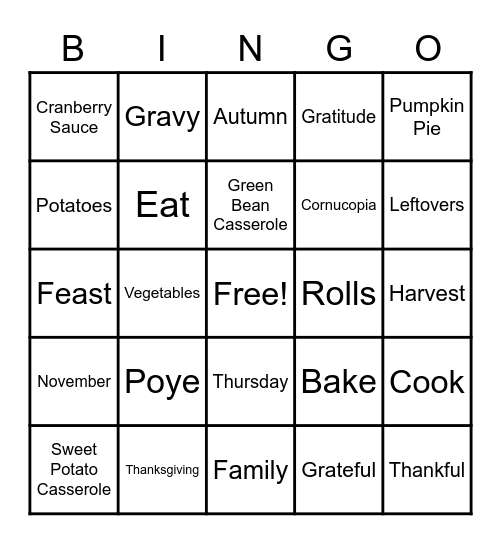 Poye Thanksgiving Bingo! Bingo Card