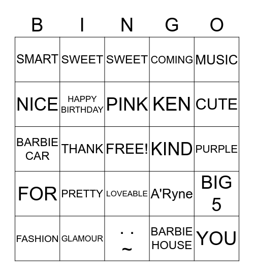 Barbie Bingo Card