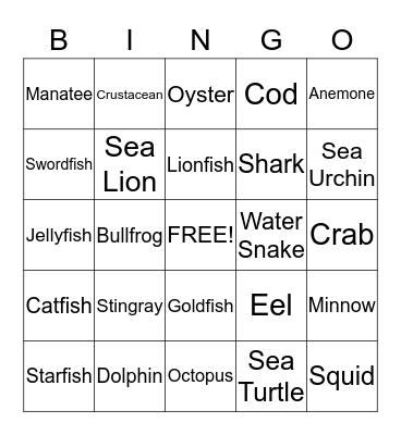 Ocean Animal Bingo Card