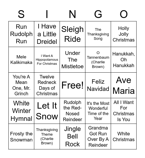 Winter Holiday SINGO Bingo Card