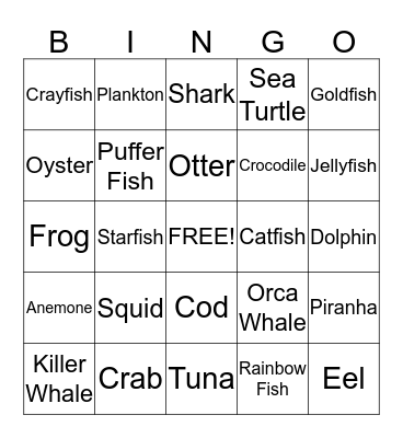 Ocean Animal Bingo Card