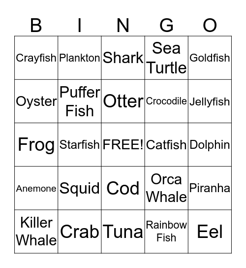 Ocean Animal Bingo Card