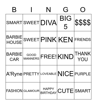 Barbie Bingo Card