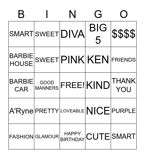 Barbie Bingo Card