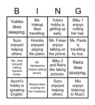 JH 2-1 ACTIVITIES Bingo Card