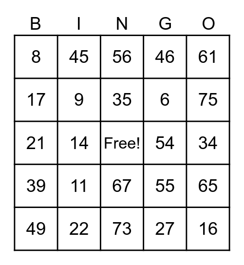 Green 1 Bingo Card