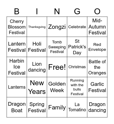Festivals Bingo Card