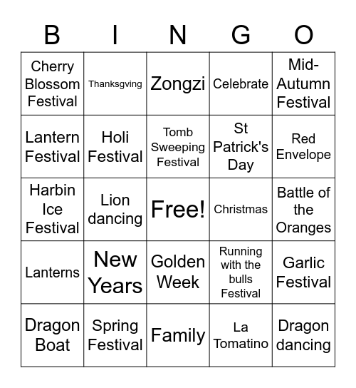 Festivals Bingo Card