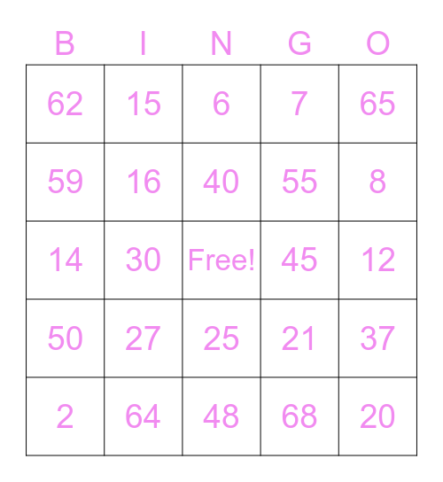 Numbers 1-60 Bingo Card