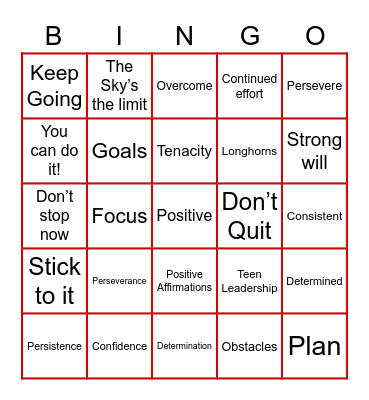 Teen Leadership Perseverance Bingo Card
