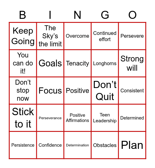 Teen Leadership Perseverance Bingo Card