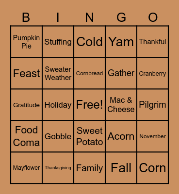 SGA Thanksgiving Bingo! Bingo Card