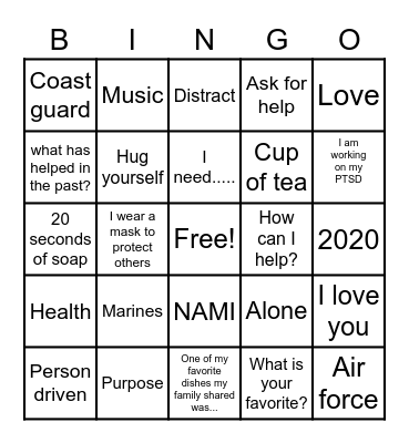 coping with the holidays/mental health recovery Bingo Card