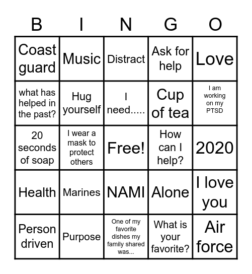 coping with the holidays/mental health recovery Bingo Card