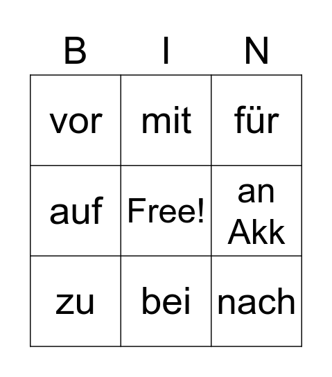 Verben mit Präpositionen Bingo Card