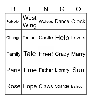 Beauty and the Beast Bingo Card