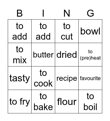 Cooking bingo Card