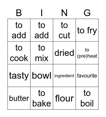 Cooking bingo Card