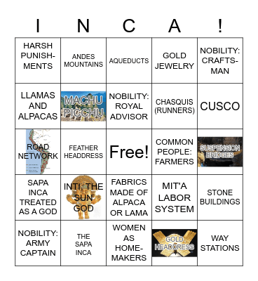 INCA CULTURE IN THE EMPEROR'S NEW GROOVE! Bingo Card