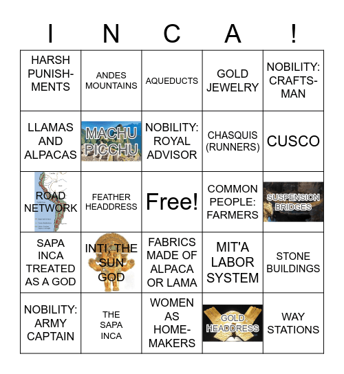 INCA CULTURE IN THE EMPEROR'S NEW GROOVE! Bingo Card