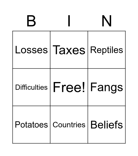 Plurals Bingo Card