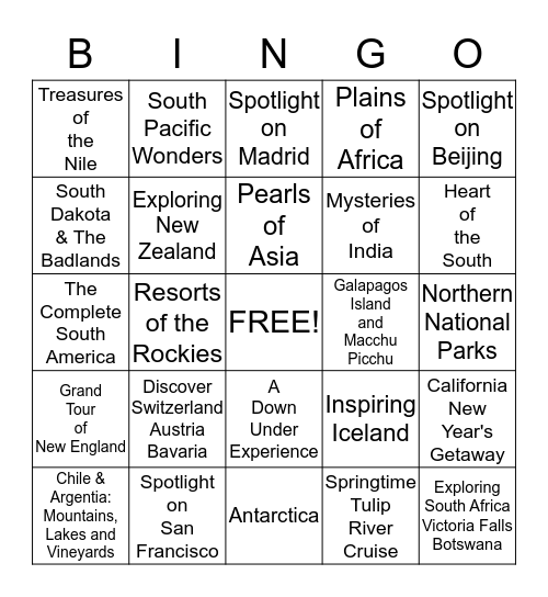 DESTINATION BINGO #5 Bingo Card