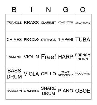 Instruments of the Orchestra Bingo Card