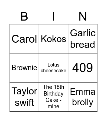 Emma Berry Bingo Card