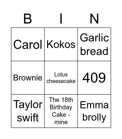 Emma Berry Bingo Card
