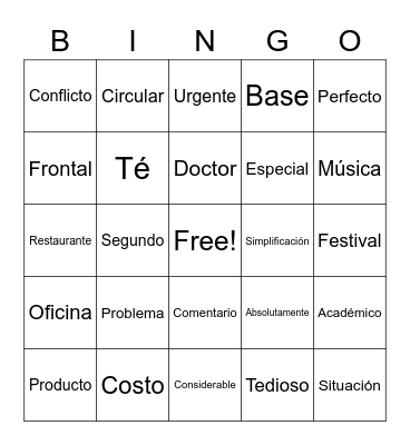Spanish Cognates Bingo Card