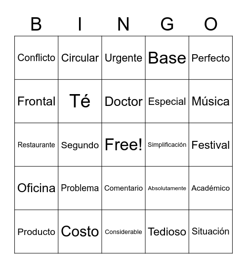 Spanish Cognates Bingo Card