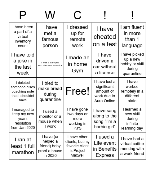 PwC Bingo Card