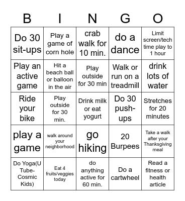 Thanksgiving Break Bingo Card