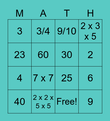 PF/GCF/LCM/Simplify Fractions Bingo Card
