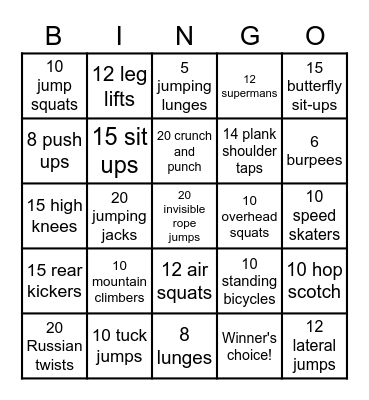 Fitness Bingo Card