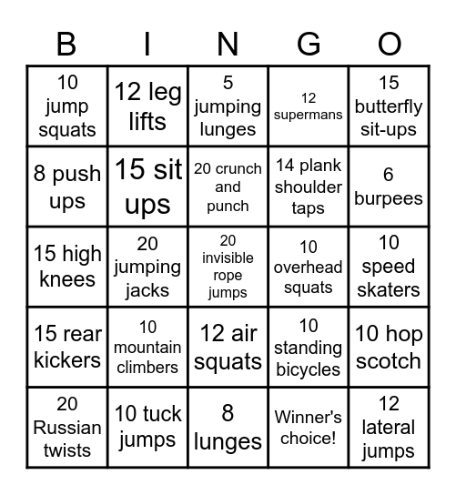 Fitness Bingo Card