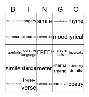 Poetry Bingo Card